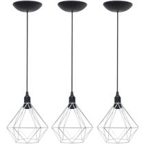 3 Pendentes Aramado Diamante Luminária Lustre P Teto Retrô Vintage Industrial Balcão Prata