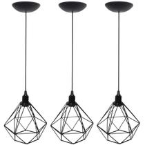 3 Pendentes Aramado Diamante Luminária Lustre P Teto Retrô Vintage Industrial Balcão Preto