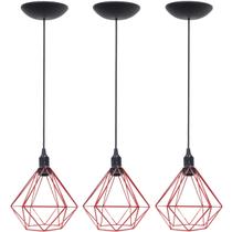 3 Pendentes Aramado Diamante Luminária Lustre P Teto Retrô Vintage Industrial Balcão Vermelho