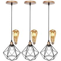 3 Pendentes Aramado Diamante Luminária Lustre Retrô Balcão + 3 Lâmpadas Led ST64 Vintage Teto