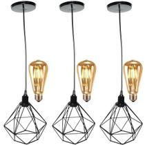 3 Pendentes Aramado Diamante Luminária Lustre Retrô Balcão + 3 Lâmpadas Led ST64 Vintage Teto 3 Pendentes Aramado Diamante Luminária Lustre Retrô Balcão + 3 Lâmpadas Led ST64 Vintage Teto