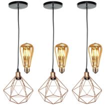 3 Pendentes Aramado Diamante Luminária Lustre Retrô Balcão Cobre Rose Gold + 3 Lâmpadas Led ST64