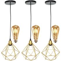 3 Pendentes Aramado Diamante Luminária Lustre Retrô Balcão Dourado + 3 Lâmpada Led ST64 Vintage Teto