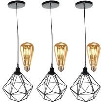 3 Pendentes Aramado Diamante Luminária Lustre Retrô Balcão Preto + 3 Lâmpadas Led ST64 Vintage Teto