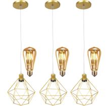 3 Pendentes Aramado Diamante Lustre Cabo Cristal Dourado + 3 Lãmpadas Led ST64 Vintage Retrô