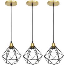 3 Pendentes Aramado Diamante Preto Luminária Lustre Industrial Teto Vintage Dourado Agp Ilumini