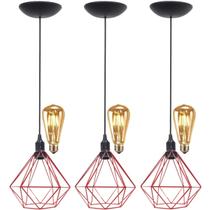 3 Pendentes Aramado Diamante Teto Luminária Retrô Balcão Agp + 3 Lâmpadas Led ST64 Vintage