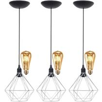 3 Pendentes Aramado Diamante Teto Luminária Retrô Balcão Agp Prata + 3 Lâmpadas Led ST64 Vintage