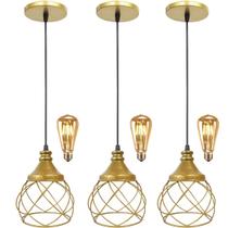 3 Pendentes Aramado Esfera Balonê Dourado + 3 Lâmpadas Lustre Luminária Teto Regulável Sala Cozinha