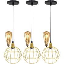3 Pendentes Aramado Globo Luminária Lustre Retrô Balcão + 3 Lâmpadas Led ST64 Vintage Teto 3 Pendentes Aramado Globo Luminária Lustre Retrô Balcão + 3 Lâmpadas Led ST64 Vintage Teto
