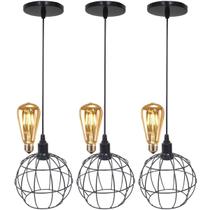 3 Pendentes Aramado Globo Luminária Lustre Retrô Balcão + 3 Lâmpadas Led ST64 Vintage Teto 3 Pendentes Aramado Globo Luminária Lustre Retrô Balcão + 3 Lâmpadas Led ST64 Vintage Teto