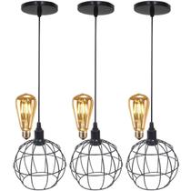 3 Pendentes Aramado Globo Luminária Lustre Retrô Balcão Preto + 3 Lâmpadas Led ST64 Vintage Teto