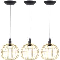 3 Pendentes Aramado Globo Luminária Lustre Teto Retrô Vintage Industrial Balcão Dourado