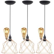 3 Pendentes Aramado Teto Cálice Luminária Lustre Retrô Balcão + Lâmpada Led ST64 Vintage