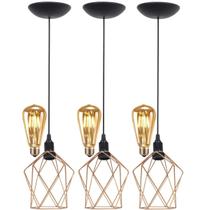 3 Pendentes Aramado Teto Cálice P Luminária Lustre Retrô Balcão + Lâmpada Led ST64 Cobre Rose Gold