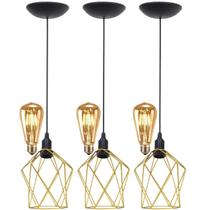 3 Pendentes Aramado Teto Cálice P Luminária Lustre Retrô Balcão + Lâmpada Led ST64 Vintage Dourado