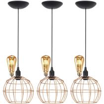 3 Pendentes Aramado Teto Globo Luminária Lustre Retrô Balcão + Lâmpada Led ST64 Cobre Rose Gold