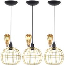 3 Pendentes Aramado Teto Globo Luminária Lustre Retrô Balcão + Lâmpada Led ST64 Vintage