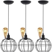 3 Pendentes Aramado Teto Globo Luminária Lustre Retrô Balcão + Lâmpada Led ST64 Vintage Preto