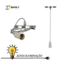 3 Pendentes Lustre Fio Cabo Cristal Soquete Liso E-27 Alumínio escovado