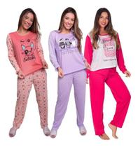 3 Pijamas Longo Feminino Malha Adulto Manga Comprida Inverno