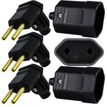 3 Plug Plugue Macho 2 Pinos 90 Graus + 3 Tomada Femea 10a Preto Margirius