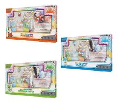3 Pokémon Box Coleção Paldea Fuecoco + Quaxly + Sprigatito