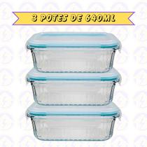 3 Pote Canelado Retangular 640ML Tampa Hermética Frutas Fit Alimentos
