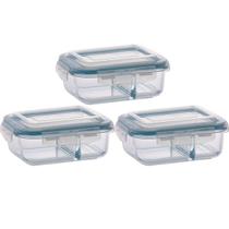 3 Pote de Vidro 640ml Retangular Divisória Marmita Fitness