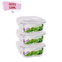 3 Pote Hermetico Quadrado Vidro Tampa Silicone 4 Trava 520ml