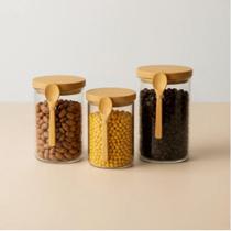 3 Pote Hermético Vidro Boro 400ml 450ml 550ml Tampa Colher Bambu
