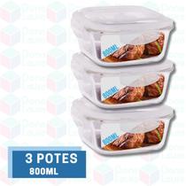 3 Pote Marmita 800ML Quadrado c/ Tampa Vidro Resistente