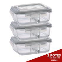 3 Pote Retangular 1040ML c/ Divisória e Tampa Marmita Lancheira