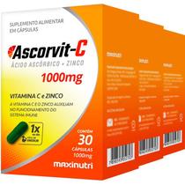 3 Potes Ascorvit-C Vitamina C 1000mg com Zinco 30 Cápsulas Maxinutri