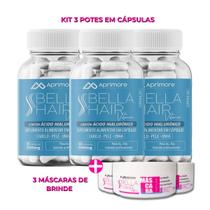 3 potes bella hair vitamin caps menos queda, mais cabelo ácido hialurônico + peptídeos de colágeno + 3 máscaras capilar