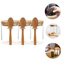 3 Potes de Vidro Hermético 950ml Com Tampa e Colher de Bambu
