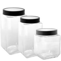 3 Potes de Vidro Tampa Metal Preto 2,2L 1,7L 1,2L Gastro Lyor Porta Mantimentos Alimentos