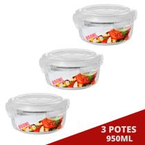 3 Potes Hermetico 950ml Redondo Vidro Microondas Multiuso 3 Potes Hermetico 950ml Redondo Vidro Microondas Multiuso