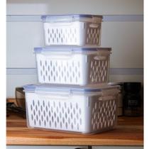 3 Potes Herméticos com Cesto Escorredor Branco Plástico