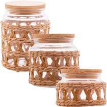 3 Potes Herméticos de Vidro Sisal Wolff 750 520 350ml Temperos Condimentos Tampa de Madeira 3 Potes Herméticos de Vidro Sisal Wolff 750 520 350ml Temperos Condimentos Tampa de Madeira