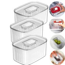 3 Potes Organizadores de Geladeira 650ml Acrílico Com Cesto Interno Tampa Com Respiro Preserva Frescor Frutas e Legumes