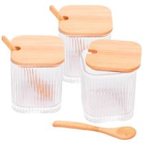 3 Potes Quadrado De Vidro Com Colher E Tampa De Bambu 350Ml 3 Potes Quadrado De Vidro Com Colher E Tampa De Bambu 350Ml
