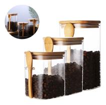 3 Potes Vidro Hermético C/ Colher Bambu Café Açúcar Biscoito - Y888