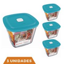 3 Potes Vidro Quadrado Alto Com Tampa Facilita Marinex 1L