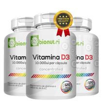 3 Potes Vitamina D3 10.000ui 500mg 360 Cápsulas