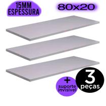 3 Prateleiras MDF 80x20 Com Suporte Invisível para parede na cor branca