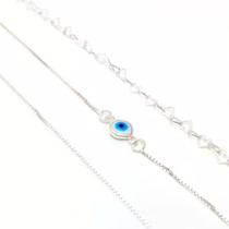 3 Pulseiras Veneziana Olho Grego Coração 17cm Prata 925