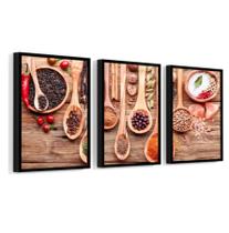 3 Quadros Com Moldura Temperos Grãos Especiarías 60x40 Moldura Preta 3 Quadros Com Moldura Temperos Grãos Especiarías 60x40 Moldura Preta