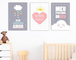 3 Quadros Decoração Infantil Quarto Bebe Nuvem Chuva De Amor