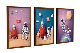 3 Quadros Decoração Quarto Infantil Foguete Astronauta Kids